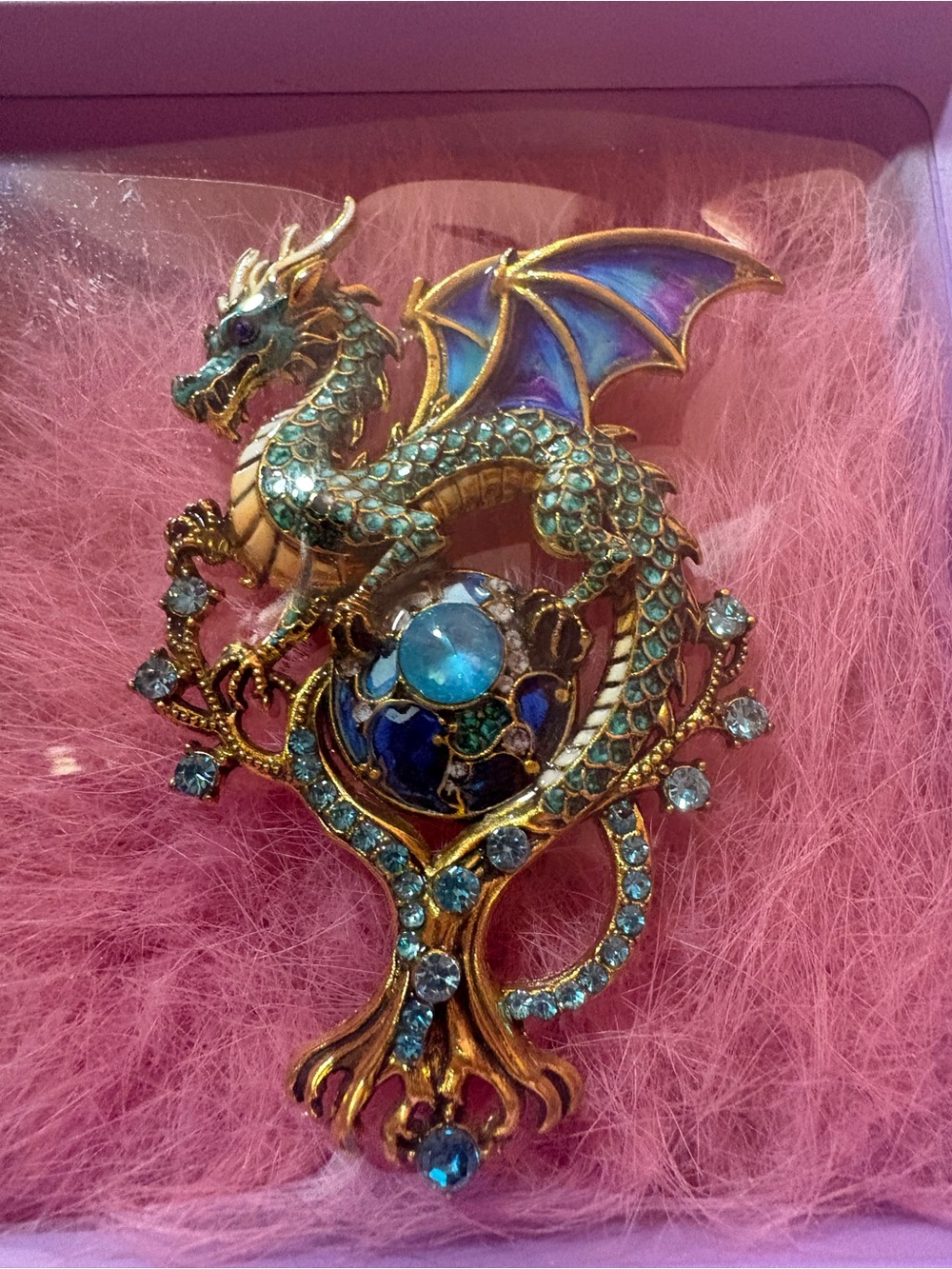 Ornate Gold Dragon Decorative Brooch - Blue and Teal - Picture 4 of 6